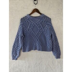 Wildfox Sweater Womens XS Blue Cable Knit Open Weave Chunky Pullover Top Winter